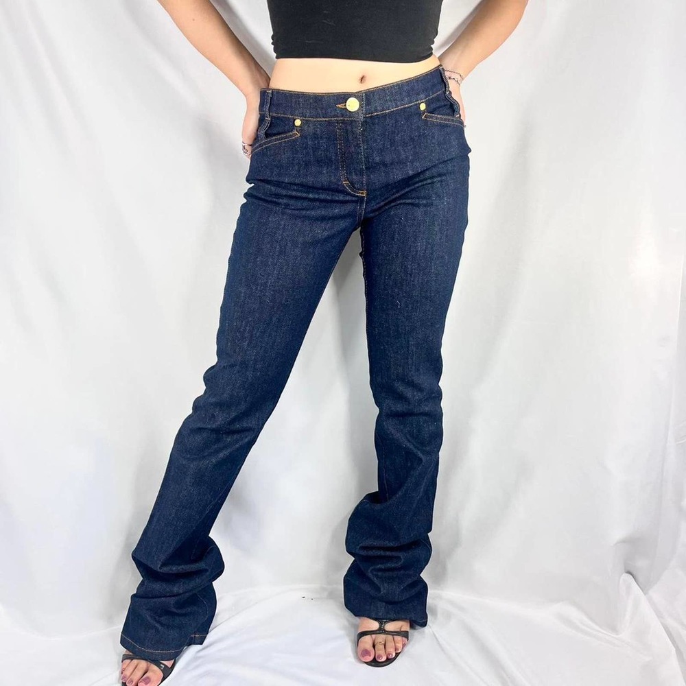 Auth Roberto Cavalli Dark Blue Denim Jeans w Golden Chain Pocket Detailing 38